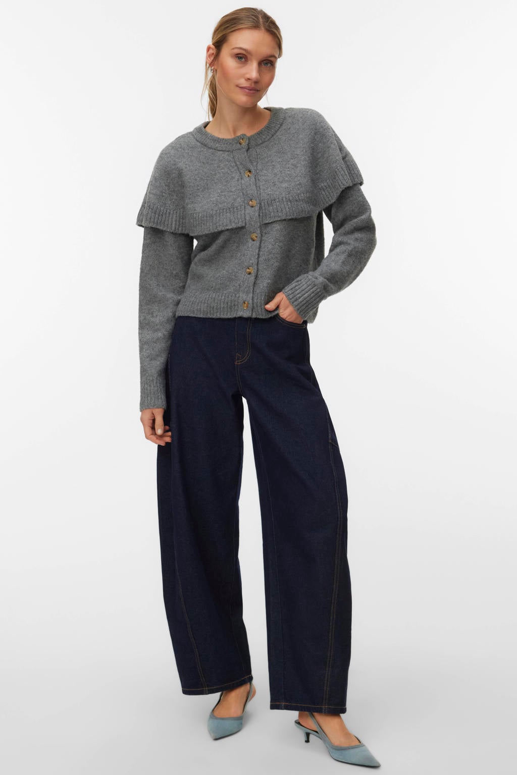 Grijze dames VERO MODA van polyester met effen, lange mouwen, ronde hals en knoopsluiting