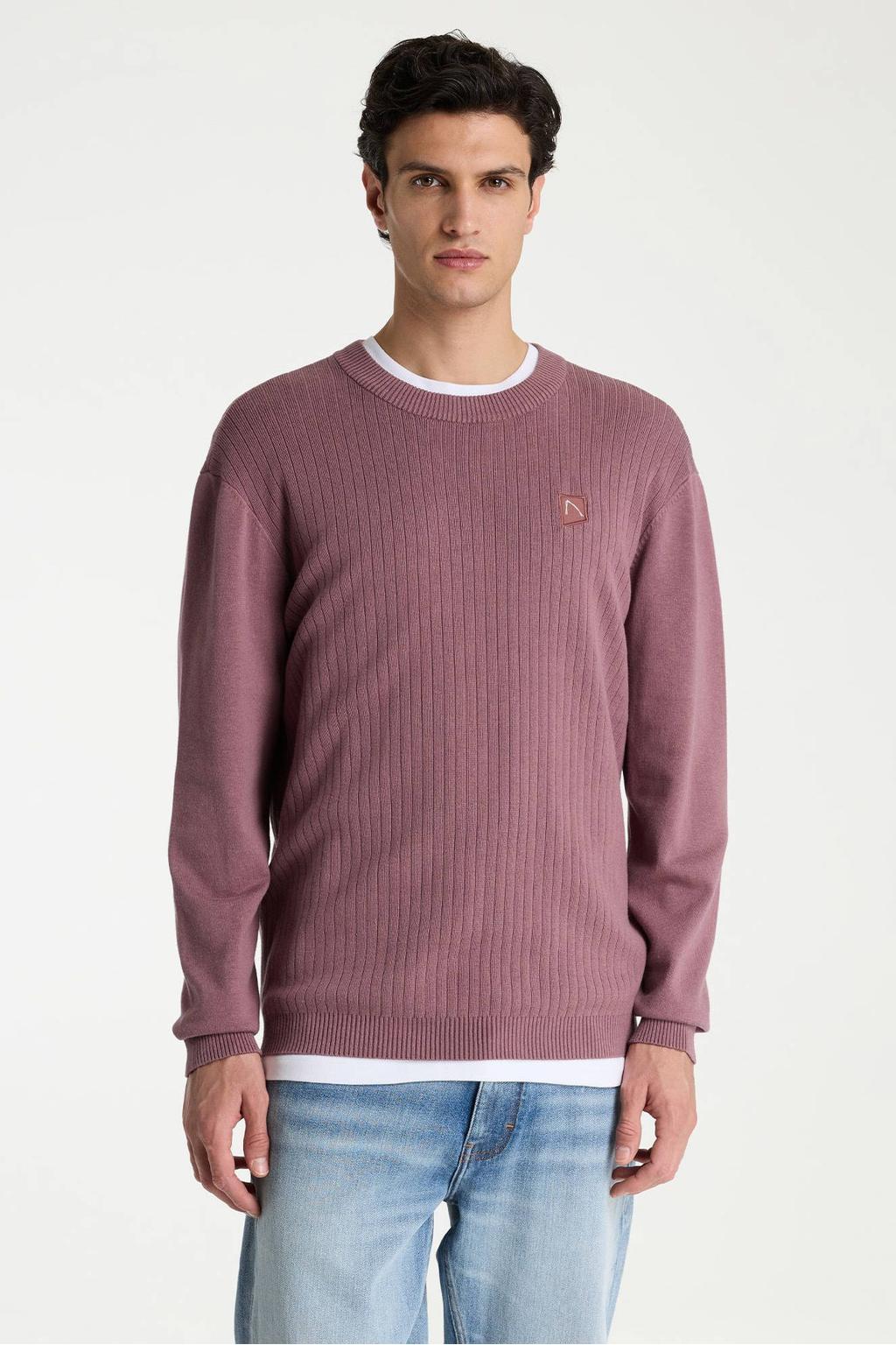 Oudroze heren CHASIN' Roen relaxed fit gebreide trui met effen, lange mouwen en ronde hals