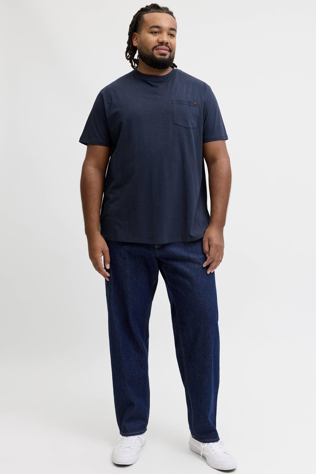 Donkerblauwe heren JACK & JONES PLUS SIZE relaxed fit T-shirt van katoen met effen, korte mouwen en ronde hals
