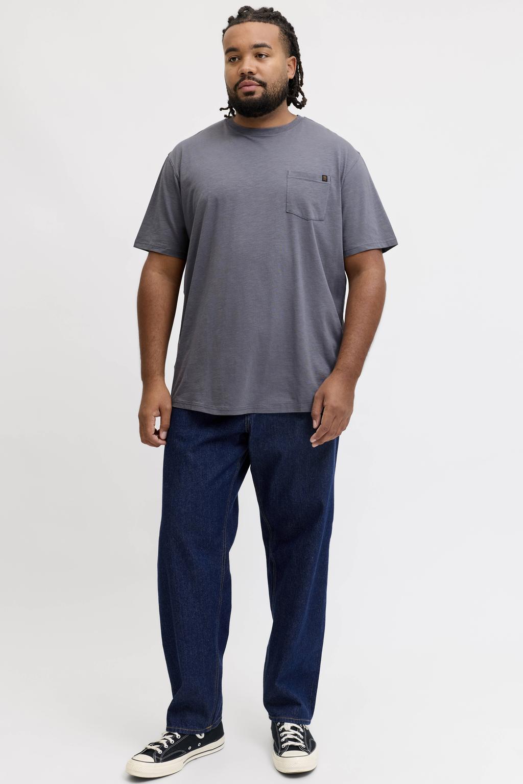 Grijsblauwe heren JACK & JONES PLUS SIZE relaxed fit T-shirt van katoen met effen, korte mouwen en ronde hals