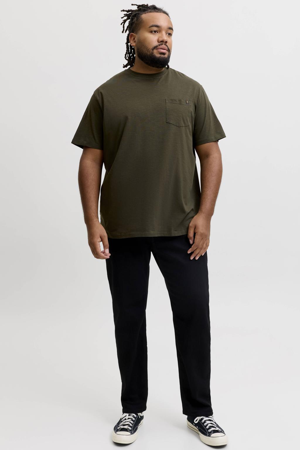 Donkergroene heren JACK & JONES PLUS SIZE relaxed fit T-shirt van katoen met effen, korte mouwen en ronde hals