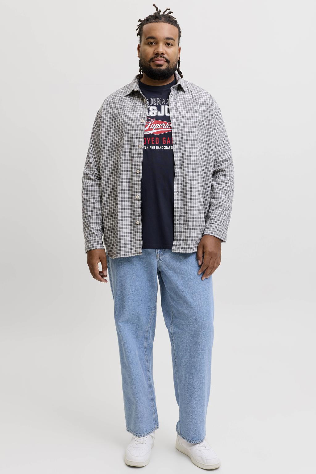 Donkerblauwe heren JACK & JONES PLUS SIZE regular fit T-shirt van katoen met korte mouwen en ronde hals