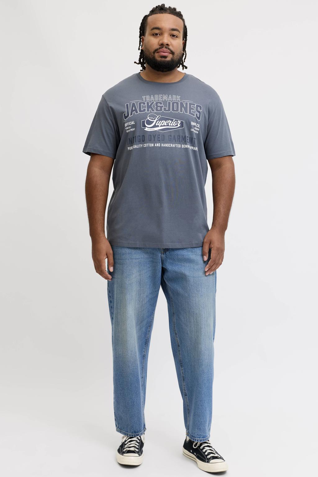 Grijsblauwe heren JACK & JONES PLUS SIZE regular fit T-shirt van katoen met korte mouwen en ronde hals