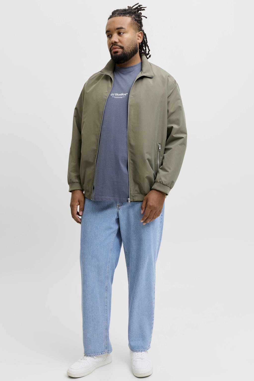 Grijsblauwe heren JACK & JONES PLUS SIZE regular fit T-shirt blauw van katoen met logo dessin, korte mouwen en ronde hals