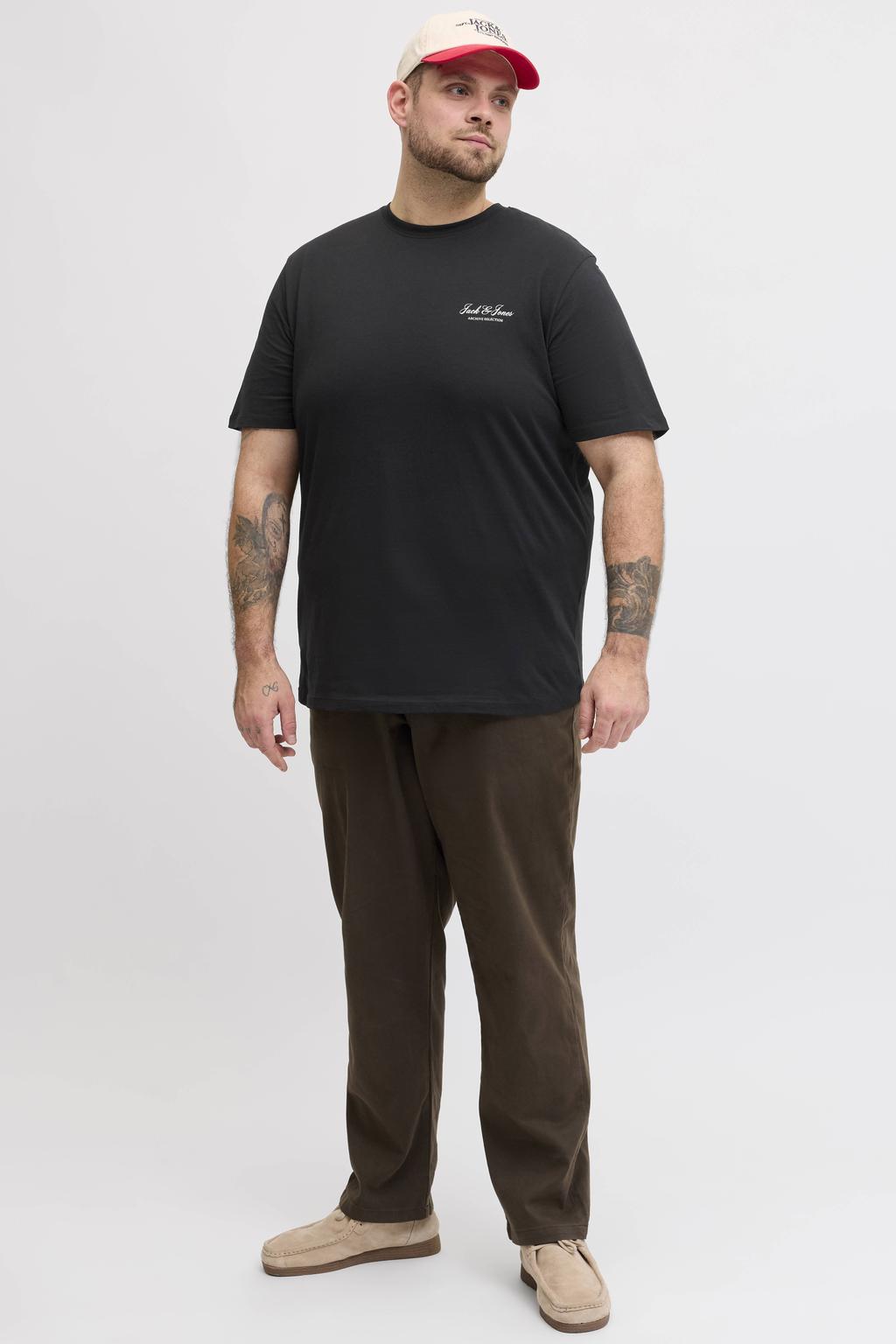 Zwarte heren JACK & JONES PLUS SIZE regular fit T-shirt van katoen met effen, korte mouwen en ronde hals