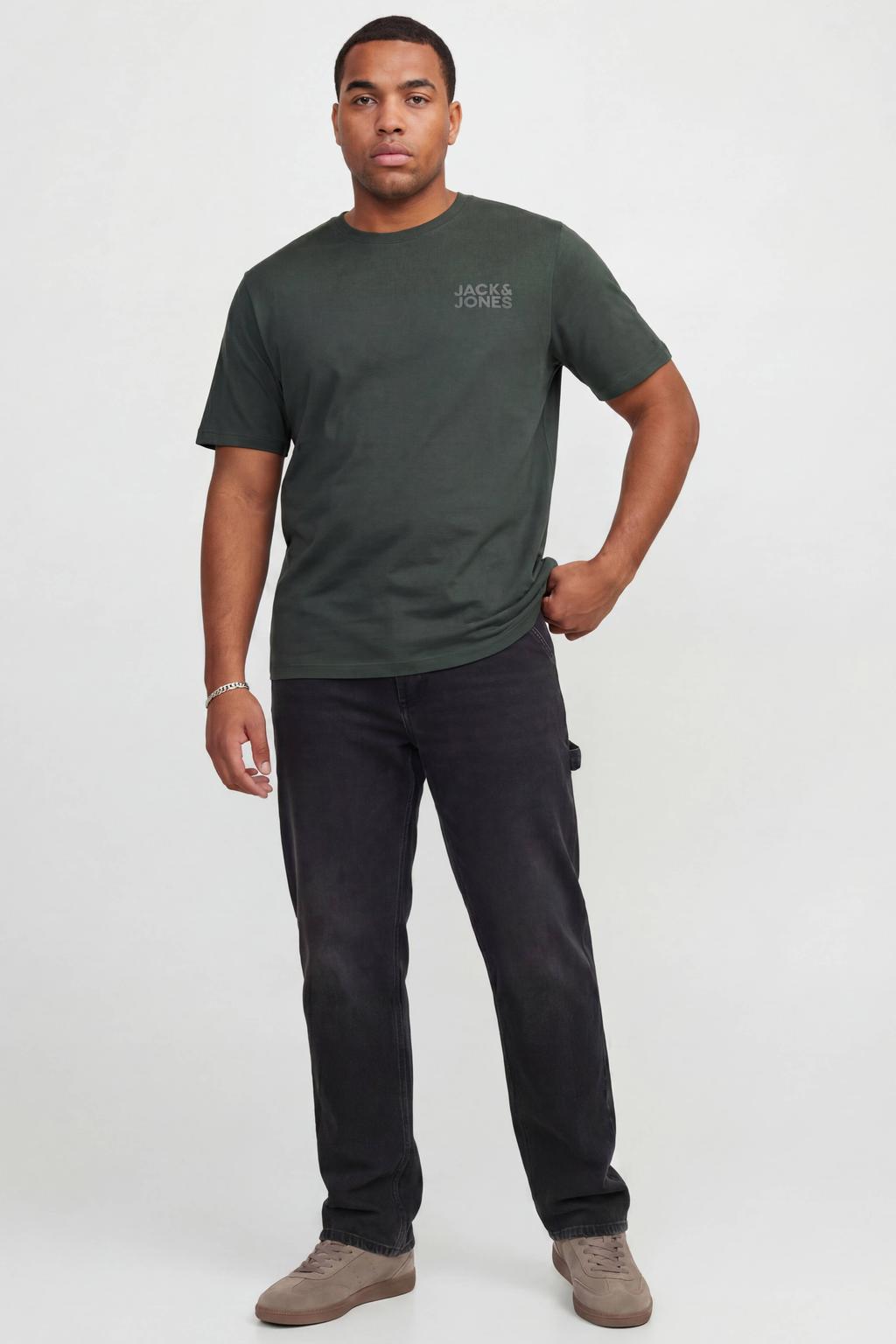 Donkergroene heren JACK & JONES PLUS SIZE regular fit T-shirt van katoen met logo dessin, korte mouwen en ronde hals