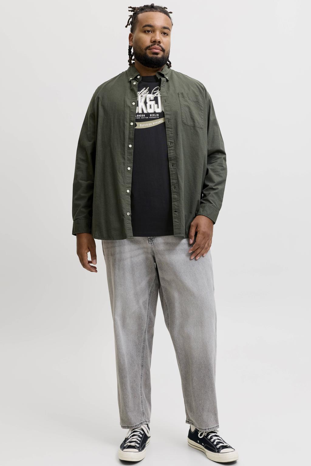 Zwarte heren JACK & JONES PLUS SIZE regular fit T-shirt van katoen met korte mouwen en ronde hals
