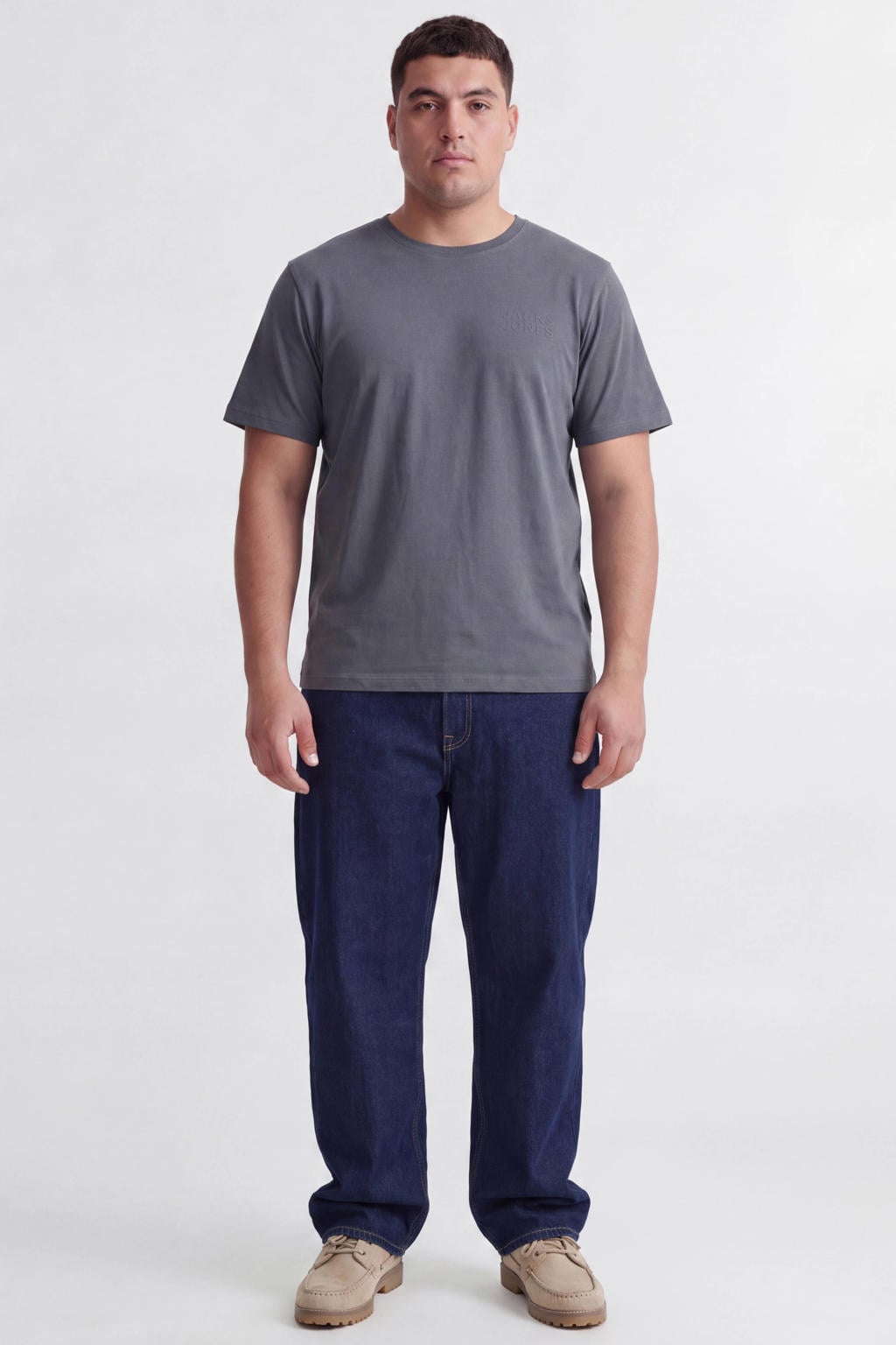Grijsblauwe heren JACK & JONES PLUS SIZE regular fit T-shirt van katoen met logo dessin, korte mouwen en ronde hals