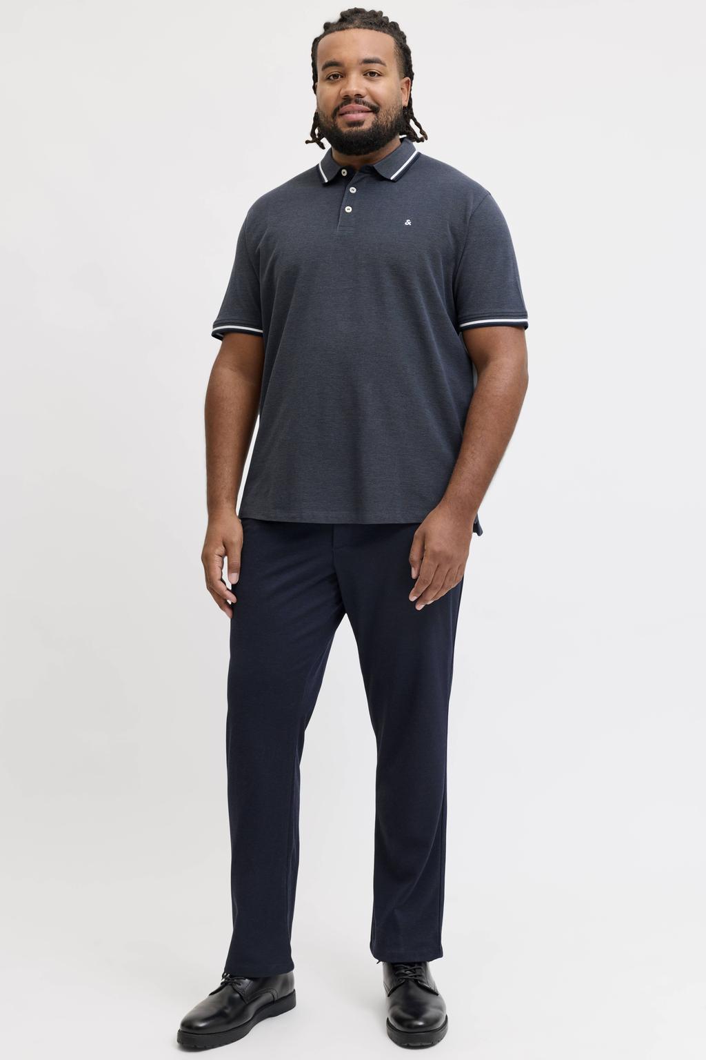 Donkerblauwe heren JACK & JONES PLUS SIZE regular fit gemêleerde piqué polo van katoen met melée print, korte mouwen en contrast bies