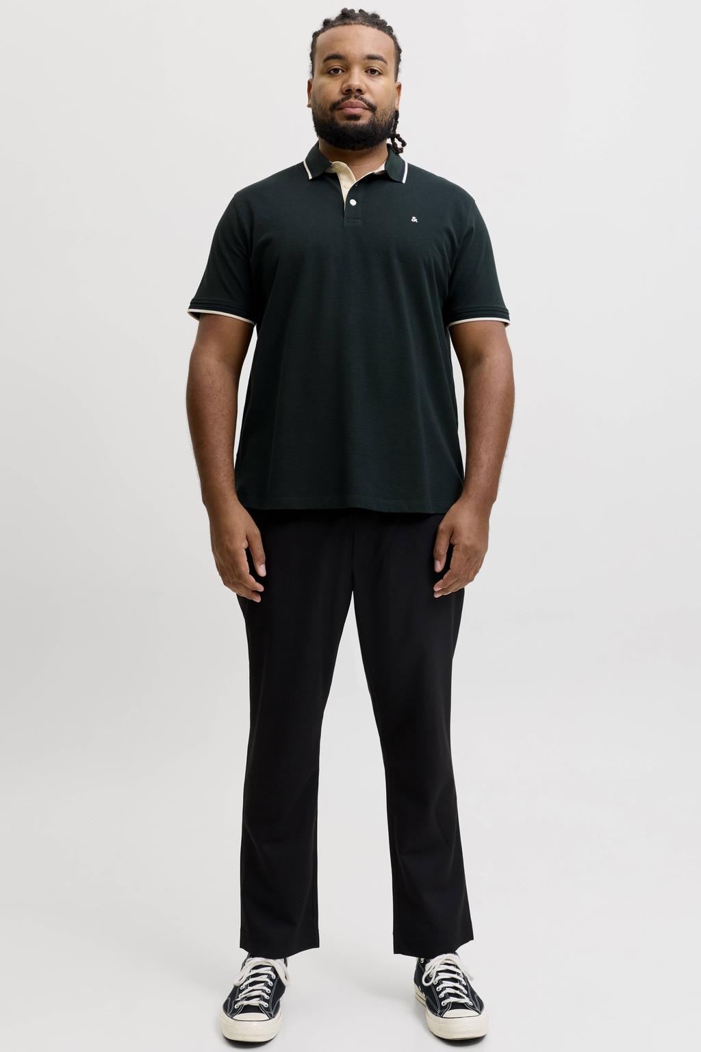 Donkergroene heren JACK & JONES PLUS SIZE regular fit piqué polo van katoen met effen, korte mouwen en contrast bies