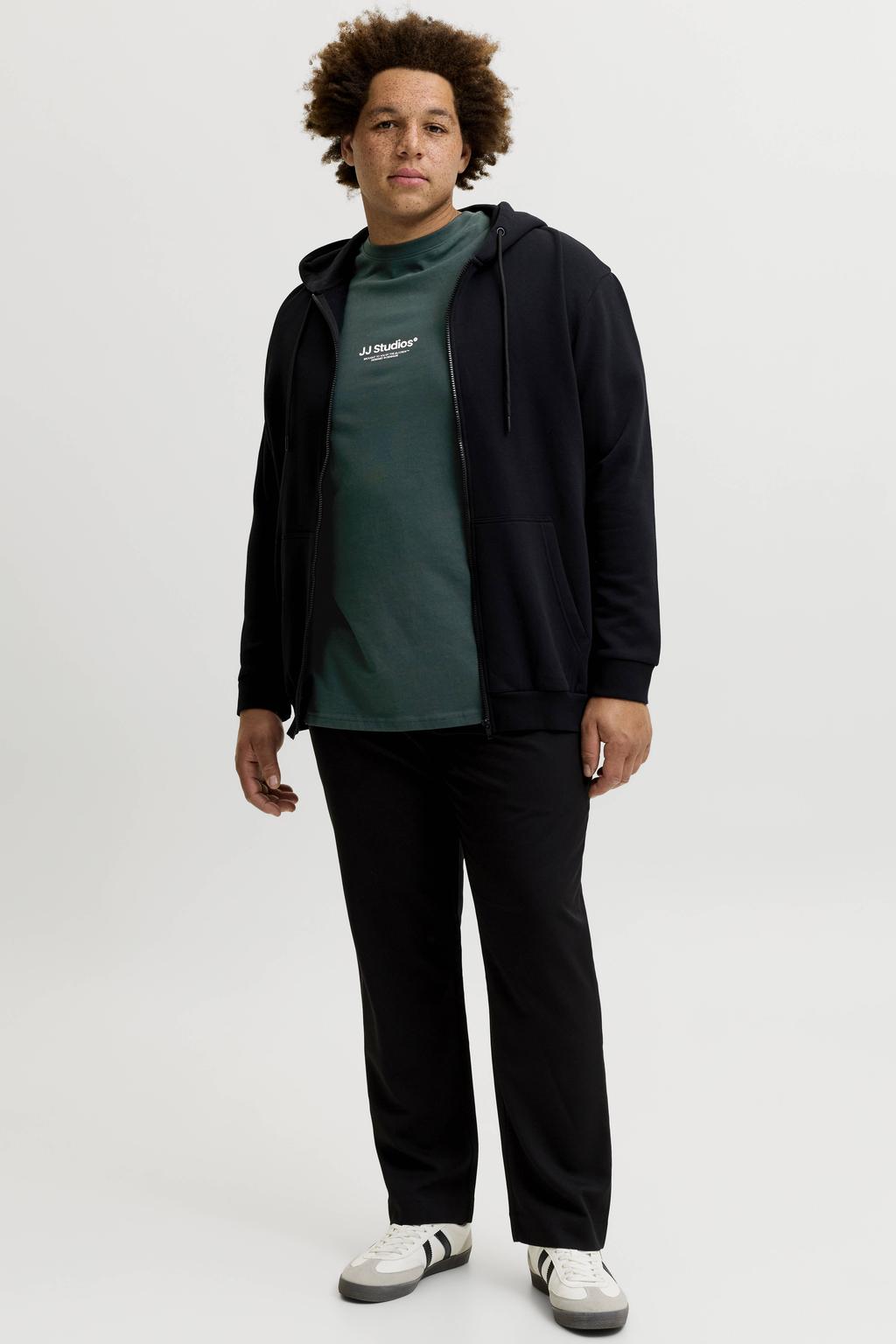 Groene heren JACK & JONES PLUS SIZE regular fit T-shirt van katoen met logo dessin, korte mouwen en ronde hals