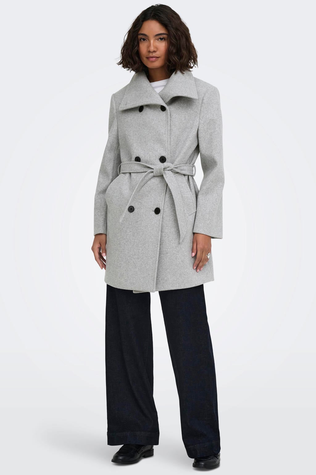 Grijze dames ONLY manteljas van polyester met effen, lange mouwen en col