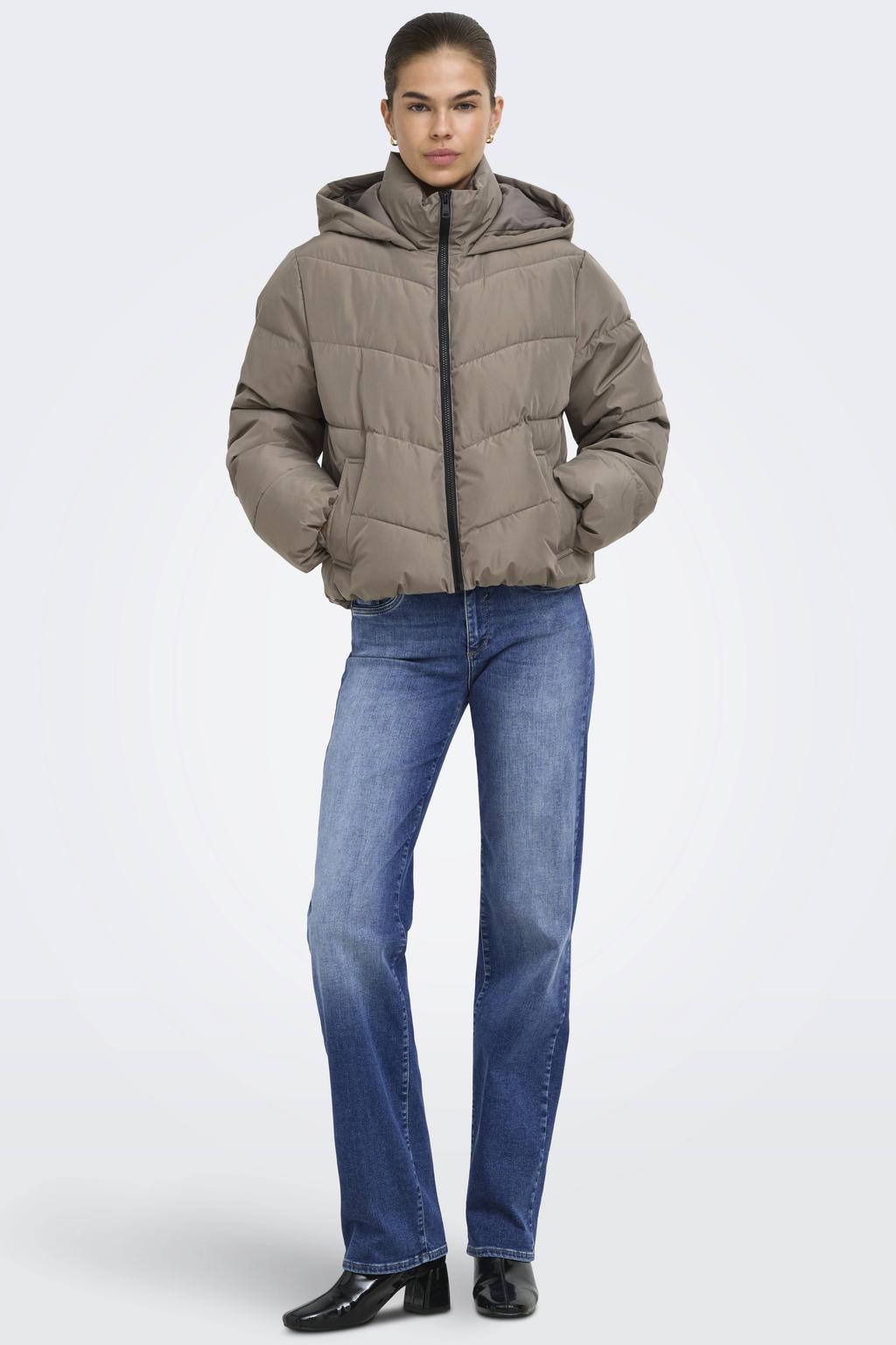 Taupe dames ONLY jas van polyester met effen, lange mouwen en capuchon