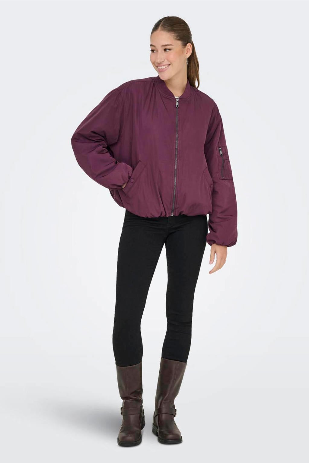 Paarse dames ONLY bomberjack van polyester met effen, lange mouwen, ronde hals en ritssluiting