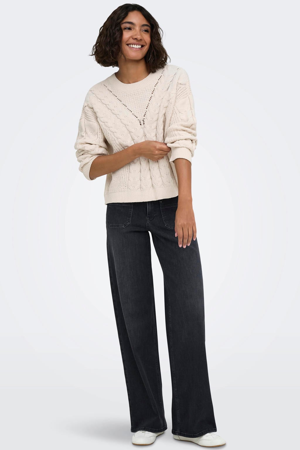 Beige dames ONLY gebreide trui van polyester met effen, lange mouwen en ronde hals