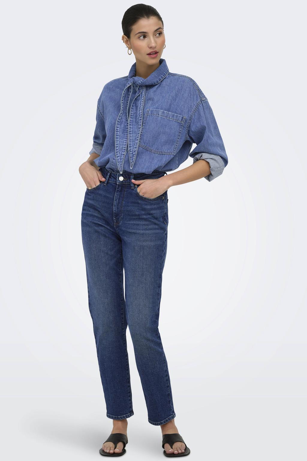 Medium blue denim dames ONLY blouse mediumblauw van katoen met effen, lange mouwen, klassieke kraag en knoopsluiting