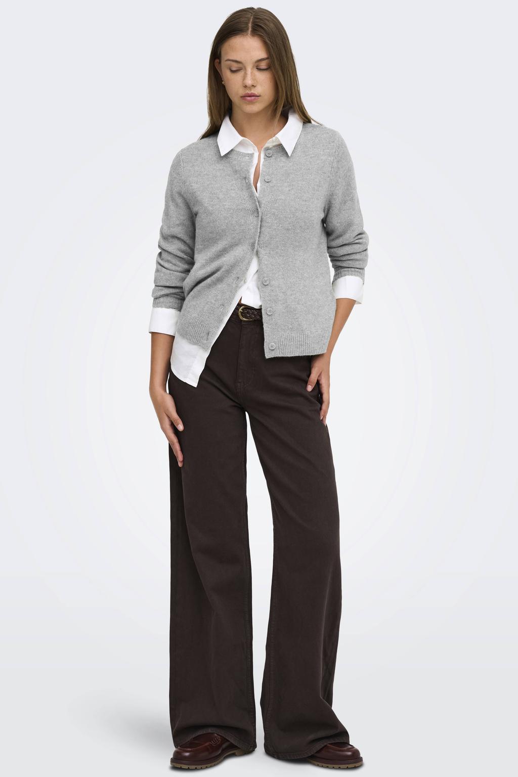Grijze dames ONLY gebreid vest met effen, lange mouwen, ronde hals en knoopsluiting