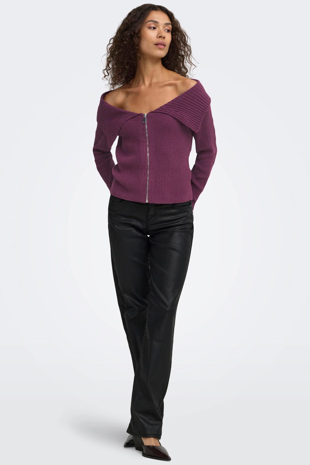 Paarse dames ONLY gebreide trui van polyester met effen, lange mouwen en off shoulder hals