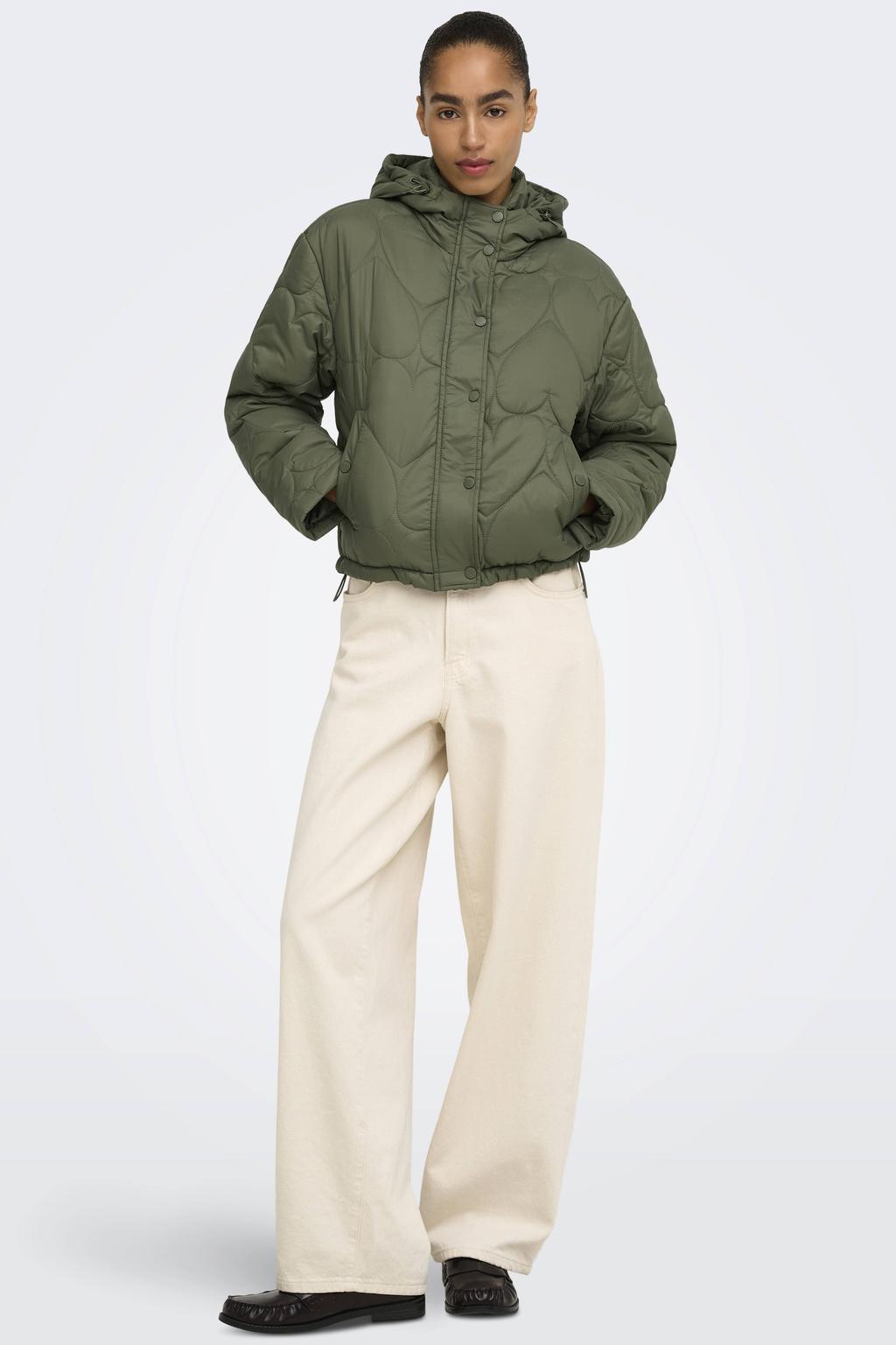 Groene dames ONLY gewatteerde hartjes jas- van nylon met effen, lange mouwen, capuchon, knoopsluiting en geweven detail