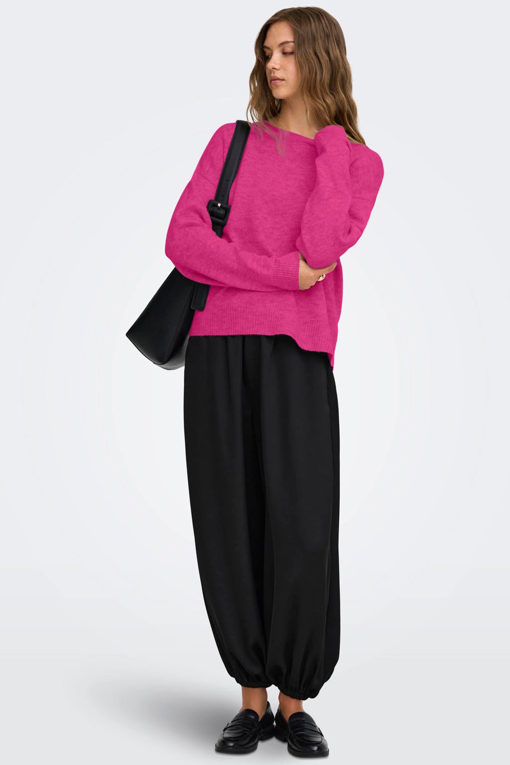 Roze dames ONLY gebreide trui van polyester met effen, lange mouwen en ronde hals