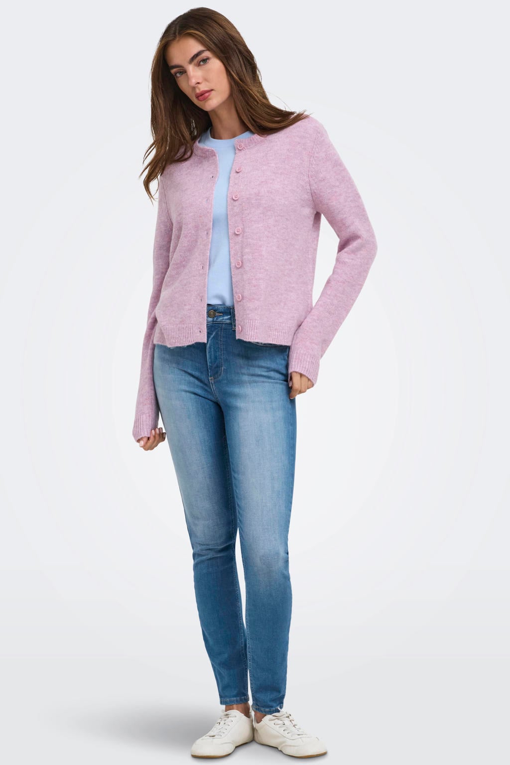 Lichtroze dames ONLY gebreide vest met effen, lange mouwen, ronde hals en knoopsluiting