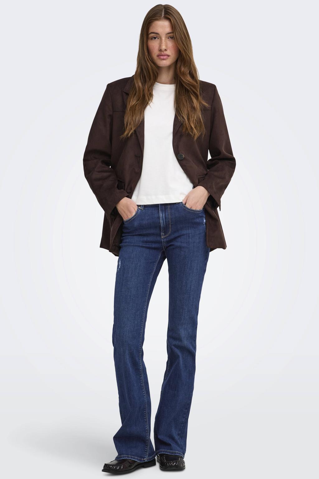 Medium blue denim dames ONLY Onlmade Hw Des Flared Dnm high waist skinny jeans met rits- en knoopsluiting en effen