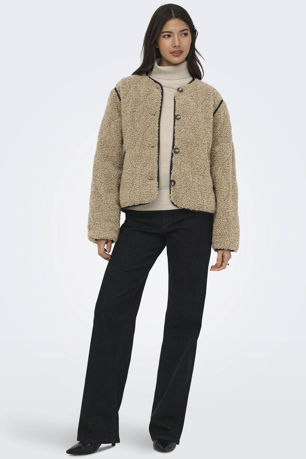 Camelkleurige dames ONLY jas van polyester met effen, lange mouwen, reverskraag, knoopsluiting en geweven detail