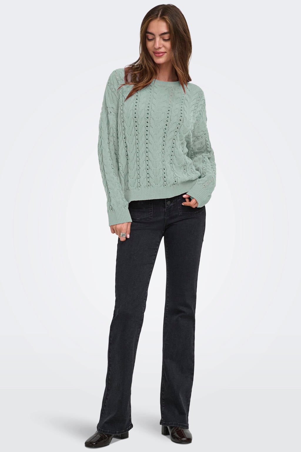 Lichtgroene dames ONLY gebreide trui van polyester met effen, lange mouwen en ronde hals