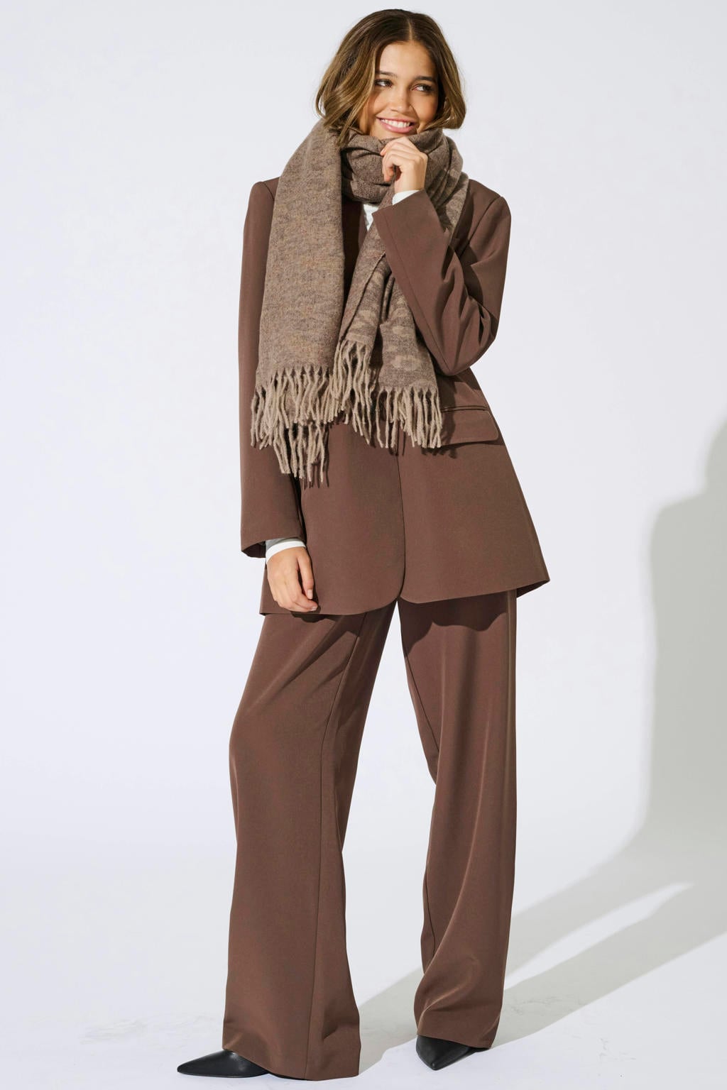 Bruine dames ONLY van polyester met wijde pijpen, high waist, ritssluiting en effen