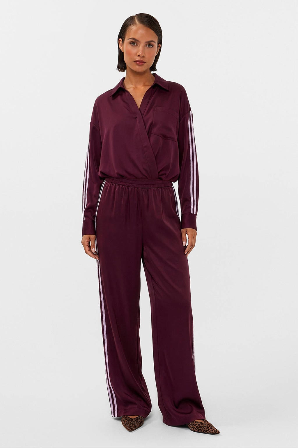 Donkerpaarse dames Studio AMAYA blouse van polyester met effen, lange mouwen, klassieke kraag, knoopsluiting en contrast bies