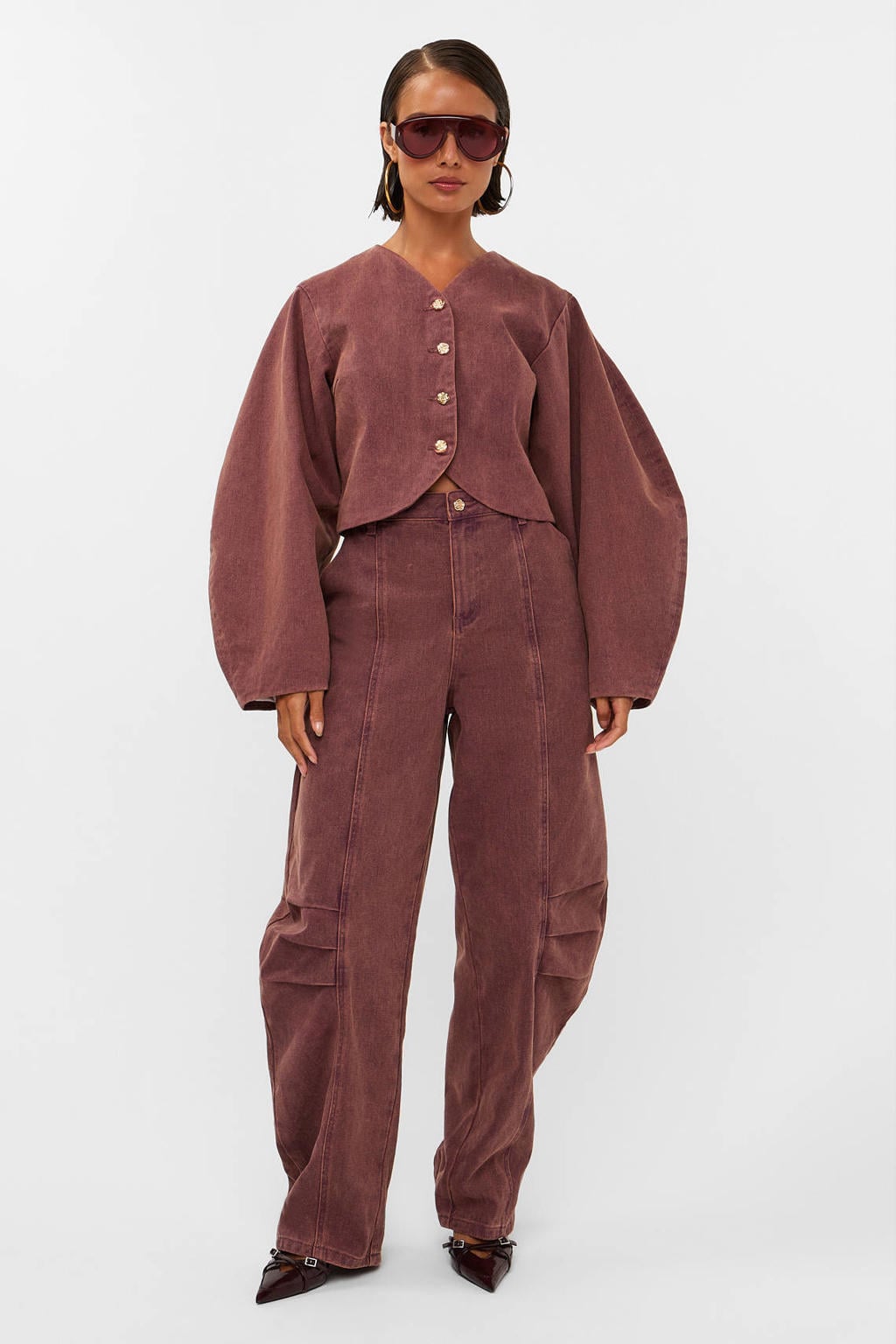 Donkerrode dames Studio AMAYA spijkerjas van denim met effen, lange mouwen en ronde hals
