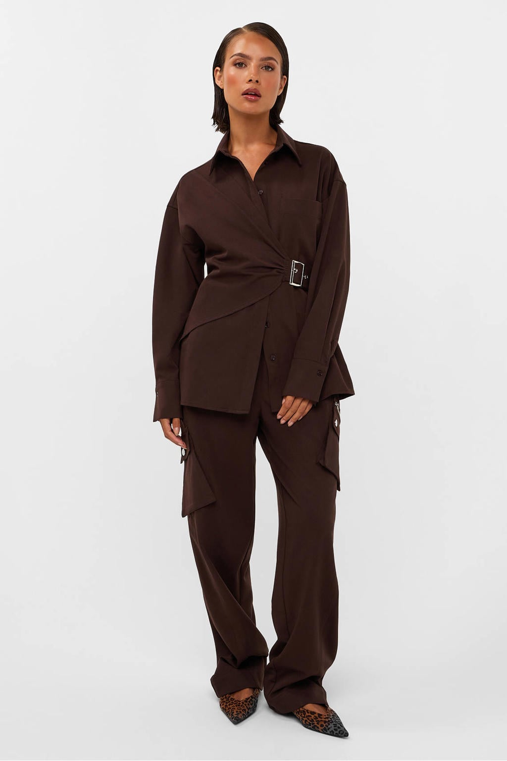Donkerblauwe dames Studio AMAYA wide leg cargobroek met high waist, elastische inzet en effen