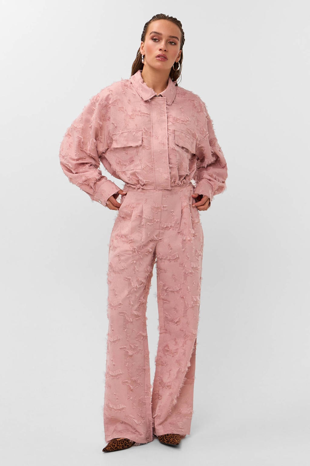 Lichtroze dames Studio AMAYA wide leg broek met high waist, rits, haak- en knoopsluiting en effen