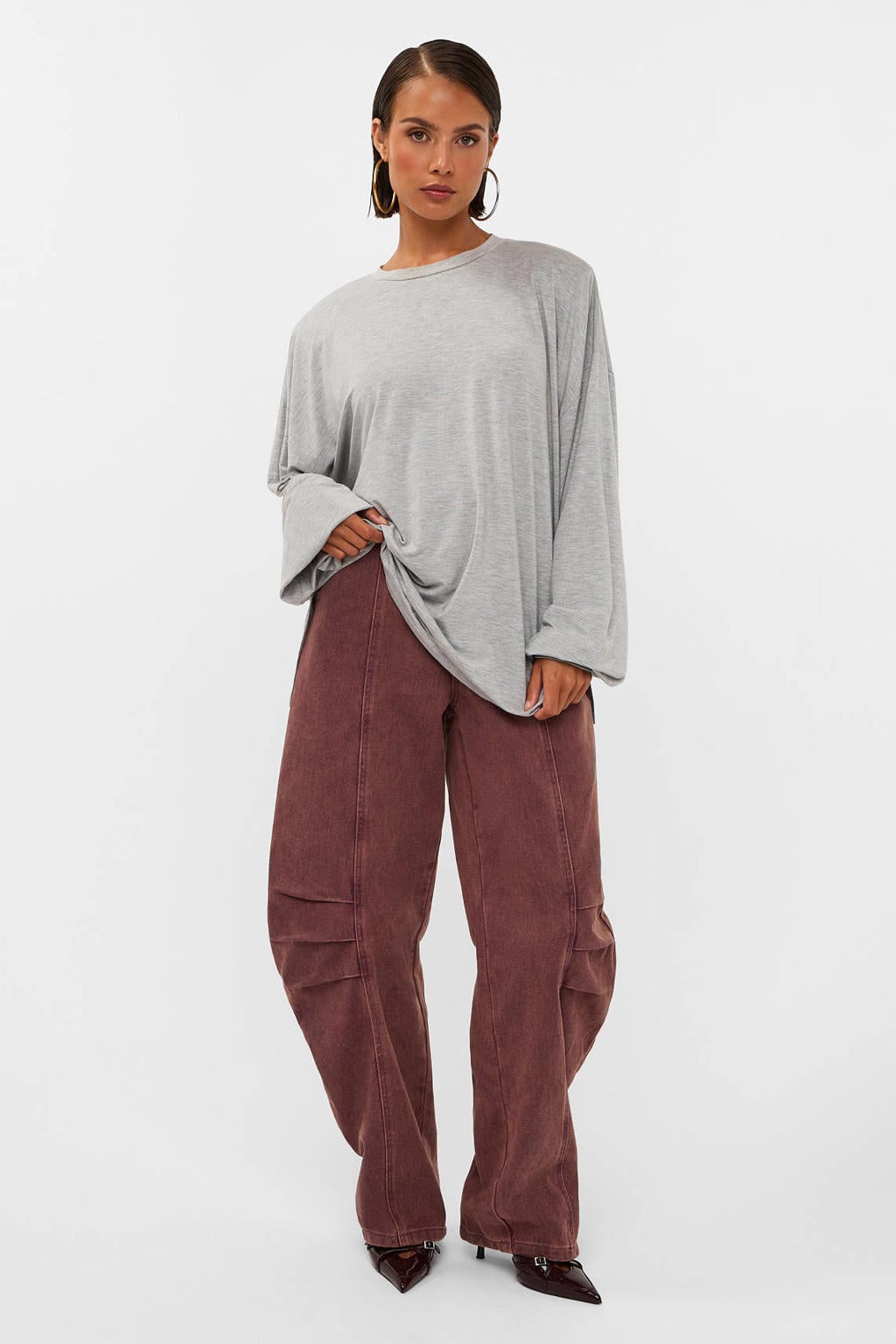 Grijze dames Studio AMAYA T-shirt van viscose met effen, korte mouwen, ronde hals en schoudervulling