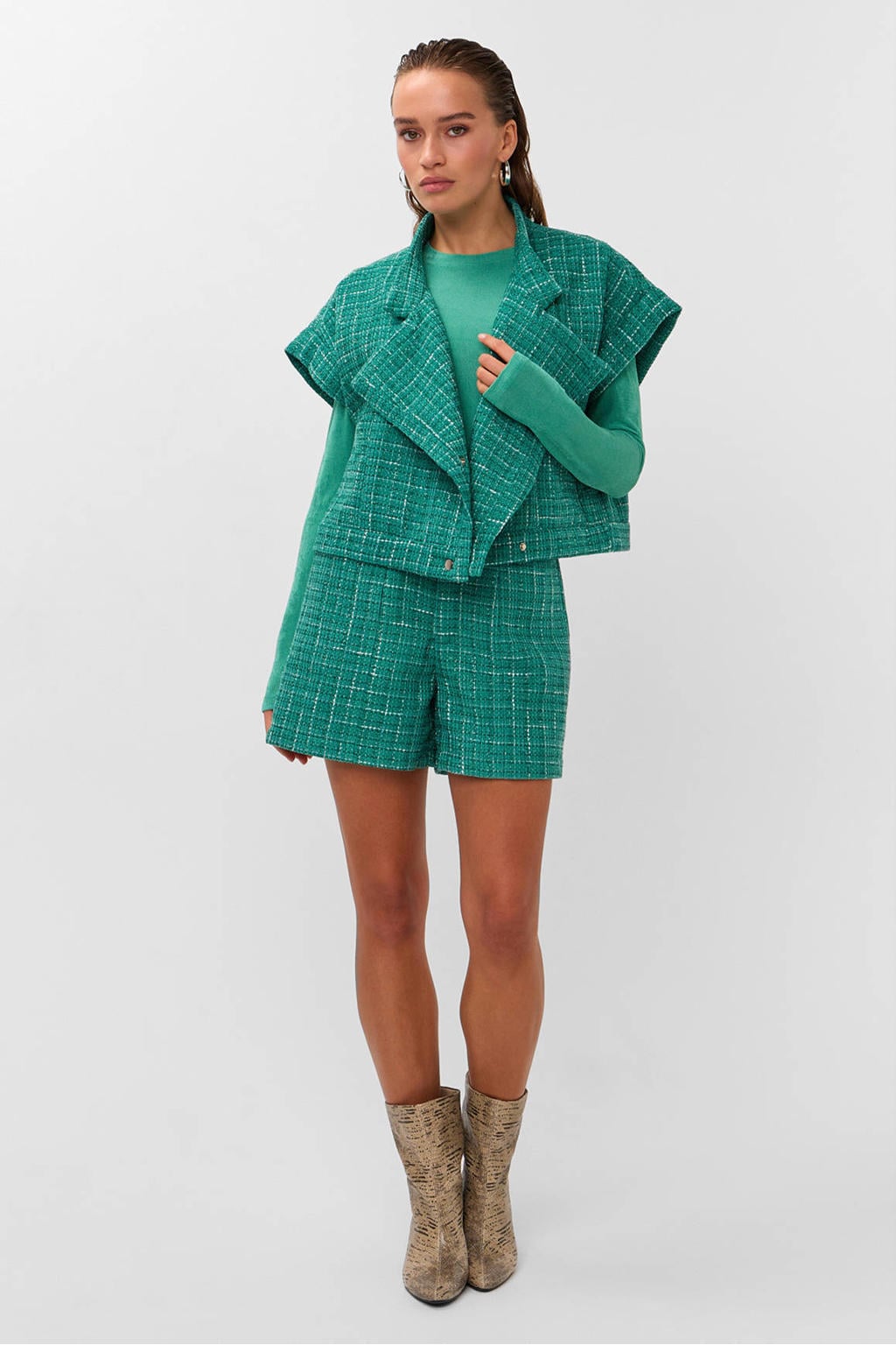 Groene dames Studio AMAYA bouclé gilet met effen, reverskraag, knoopsluiting en lurex
