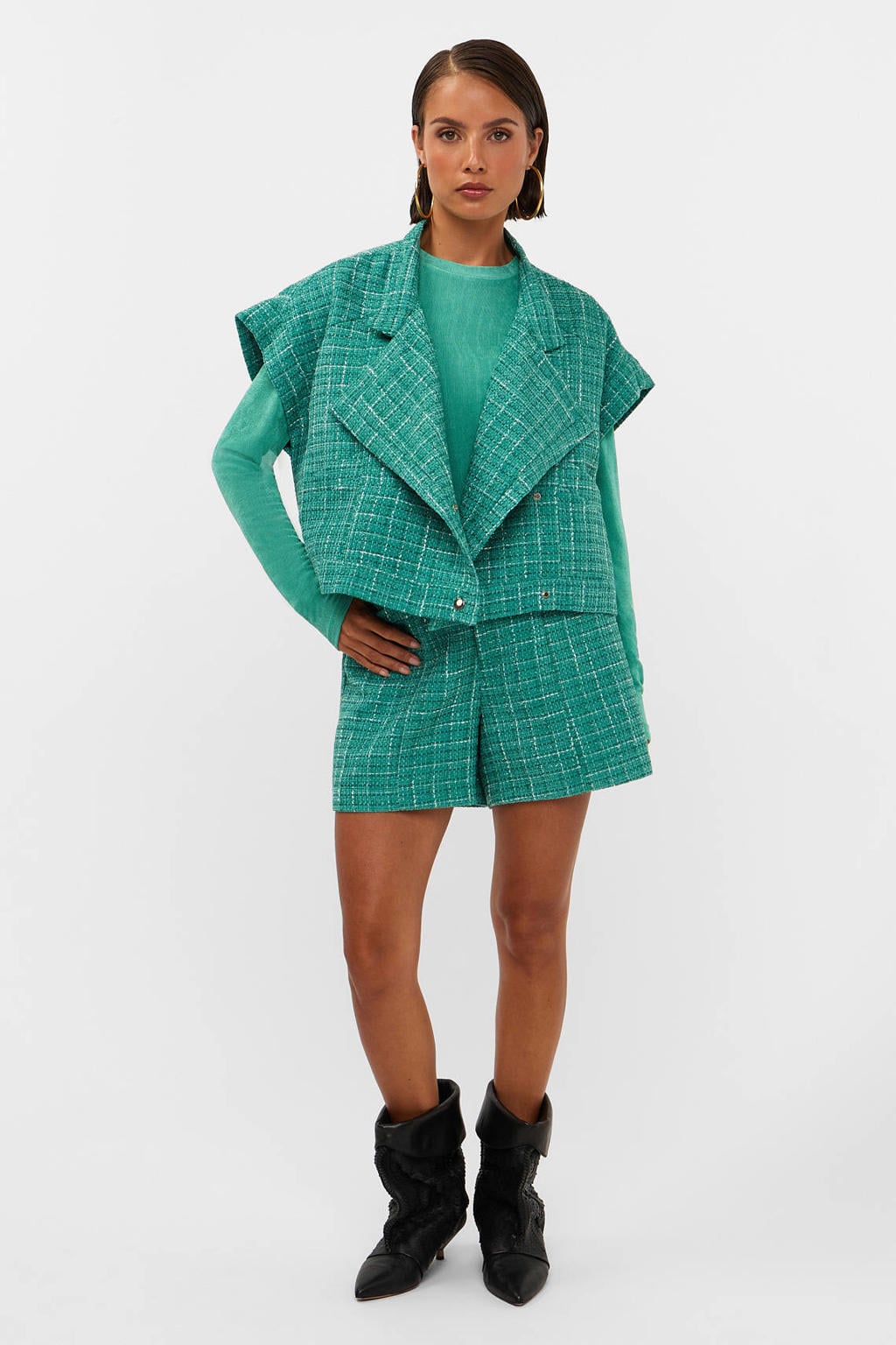 Groene dames Studio AMAYA bouclé gilet met effen, reverskraag, knoopsluiting en lurex