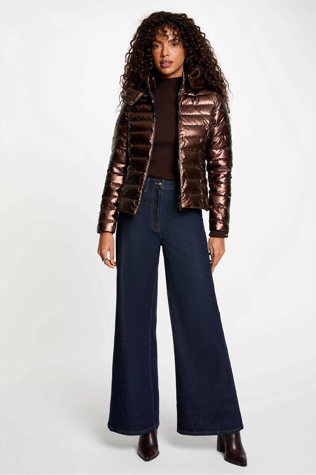 Bruine dames Morgan winterjas van polyamide met effen, lange mouwen, opstaande kraag, ritssluiting en glimmend detail