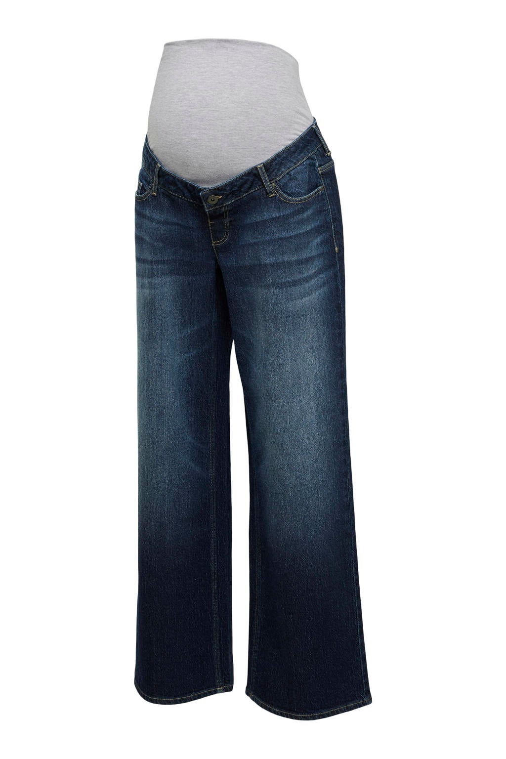 Dark blue denim dames MAMALICIOUS zwangerschaps wide leg jeans van denim met rits- en knoopsluiting en effen