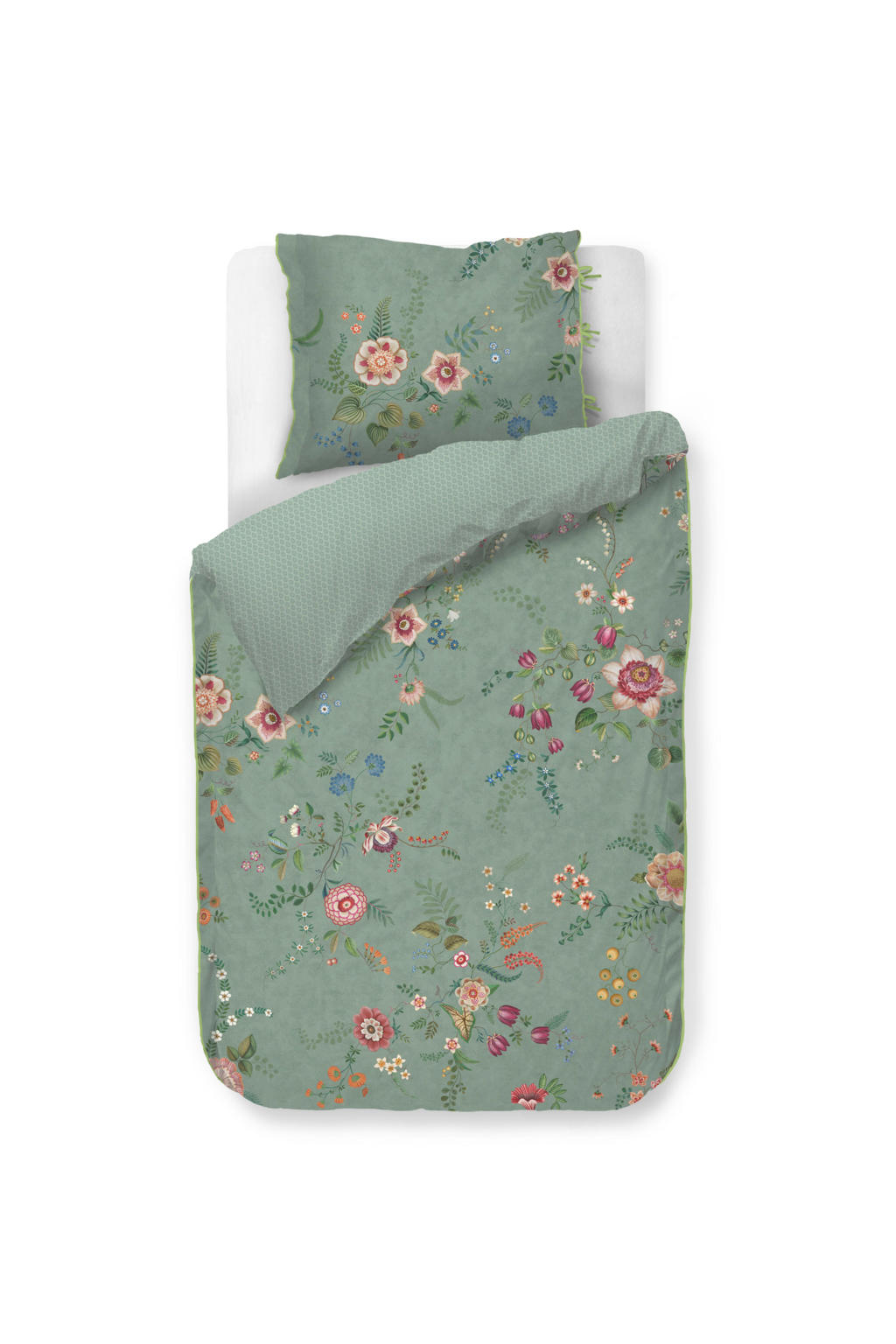 Pip Studio perkalen gebloemd 1-persoons dekbedovertrek 140x220 cm - groen
