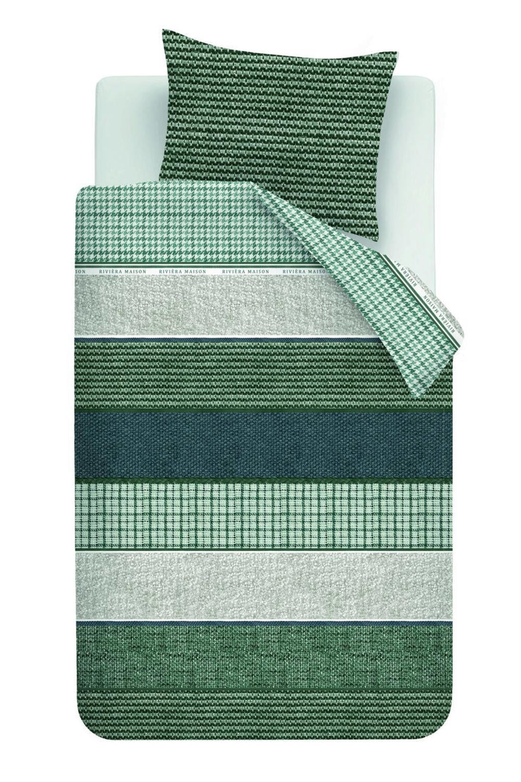 Riviera Maison katoenen gestreepte 1-persoons dekbedovertrek 140x220 cm - blauw groen