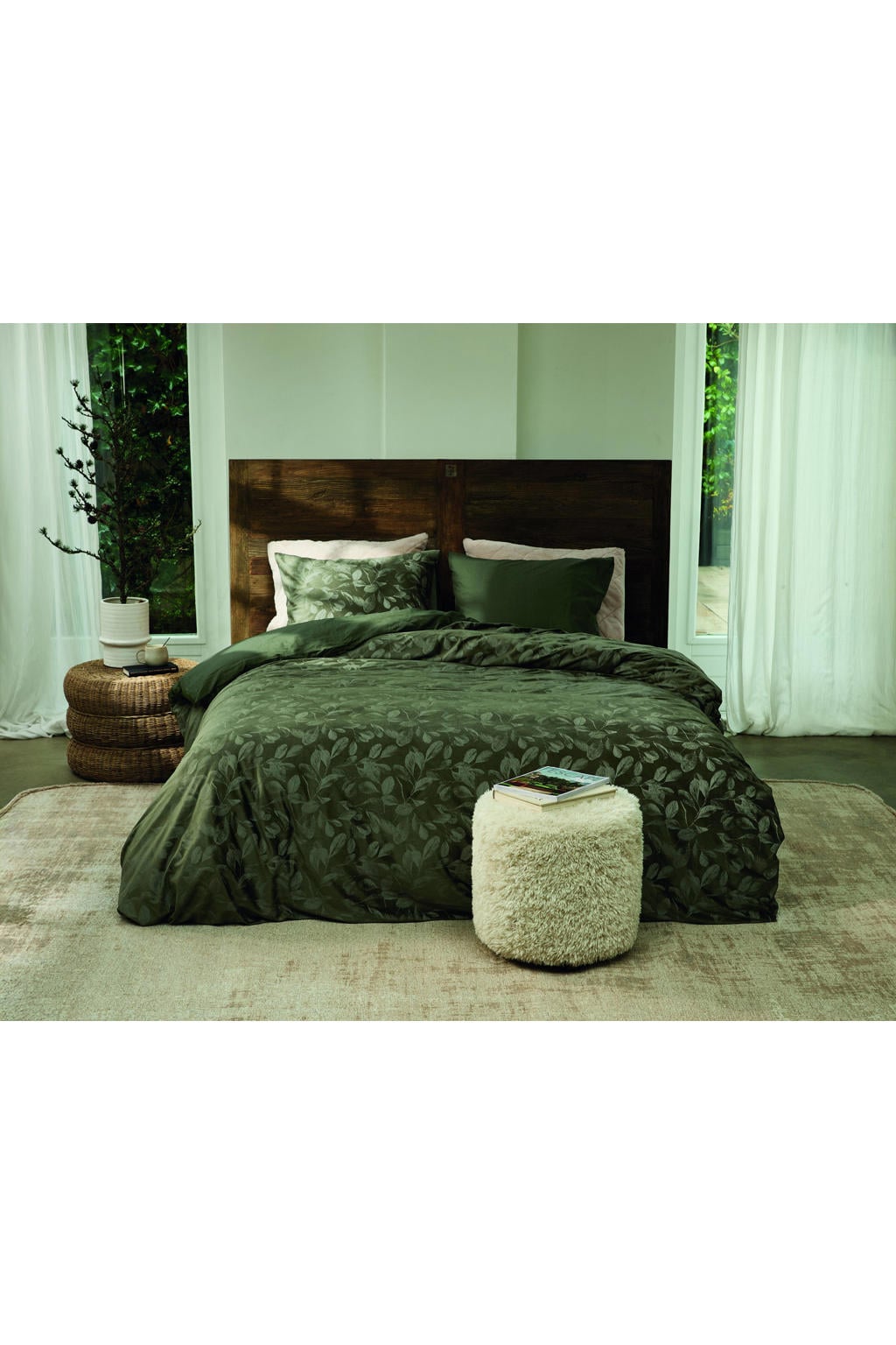 Riviera Maison velours lits-jumeaux dekbedovertrek met blad 240x220 cm - olijfgroen