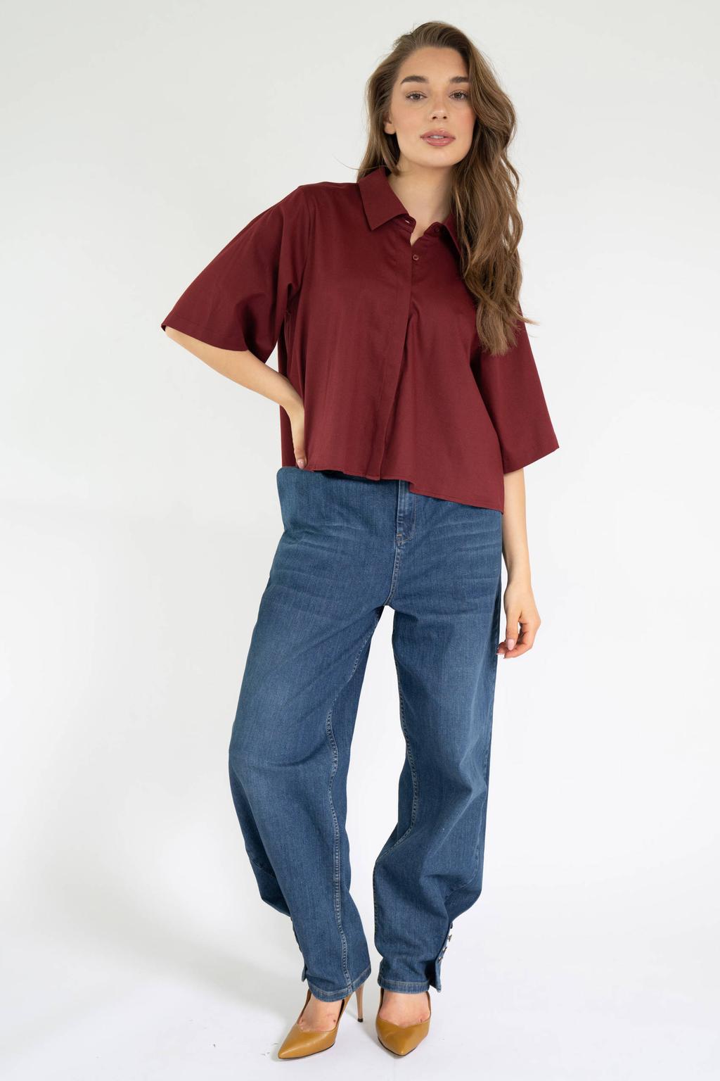 Donkerrode dames Est'seven blouse van katoen met korte mouwen, klassieke kraag en knoopsluiting