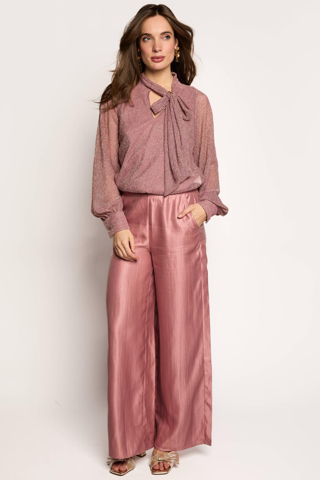 Roze dames Freebird top van polyester met effen, lange mouwen en strikkraag