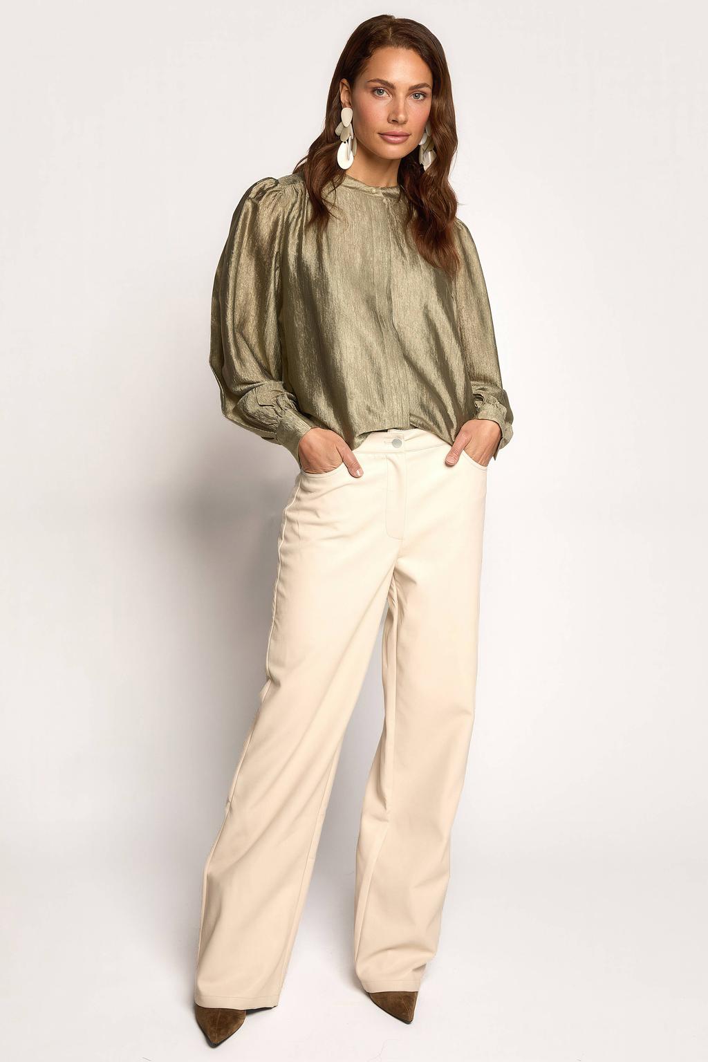 Gouden dames Freebird acetate blouse met effen, lange mouwen, klassieke kraag en knoopsluiting