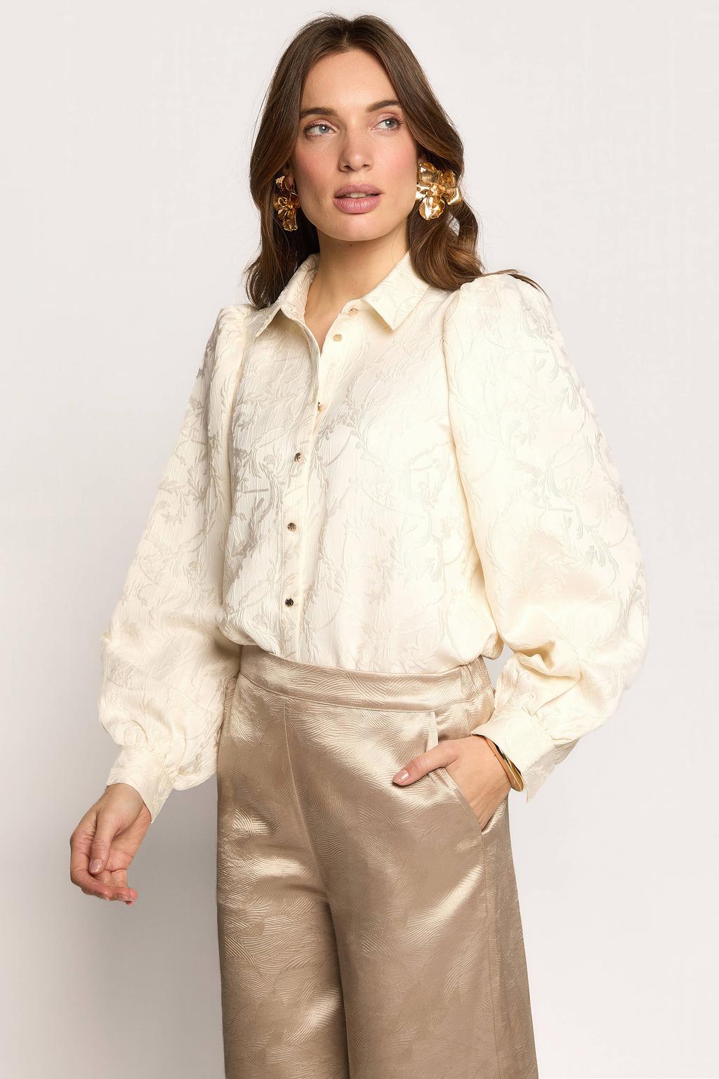 Beige dames Freebird gebloemde blouse van polyester met lange mouwen, klassieke kraag en knoopsluiting
