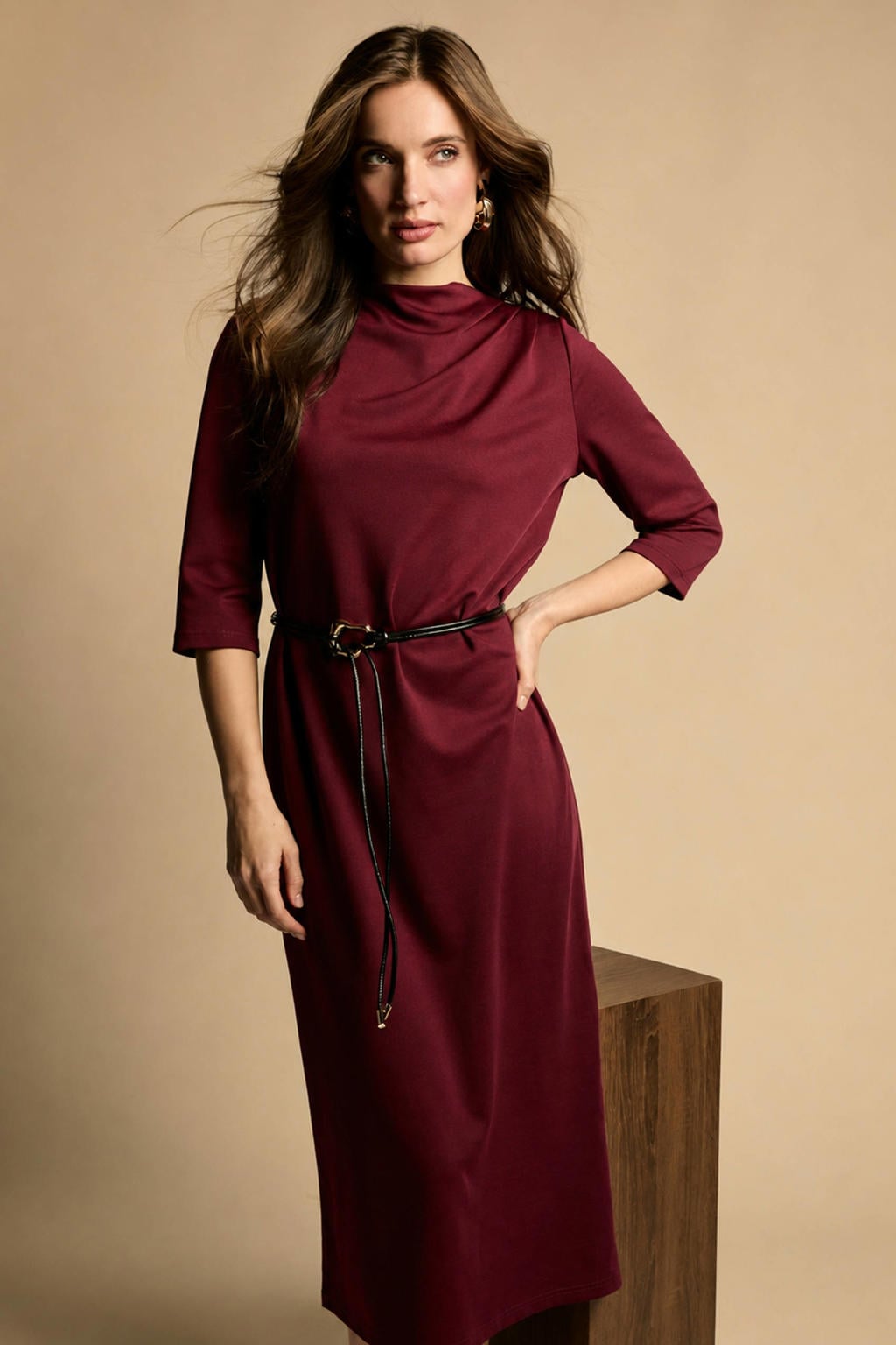 Freebird midi jurk met ceintuur - donkerrood