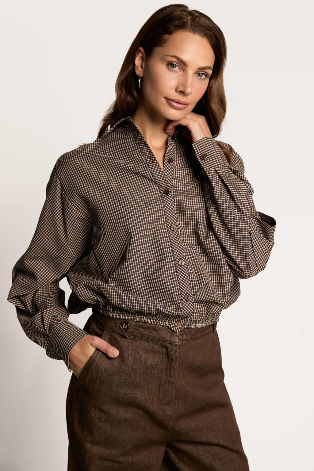 Bruine dames Freebird geruite blouse van katoen met lange mouwen, klassieke kraag en knoopsluiting