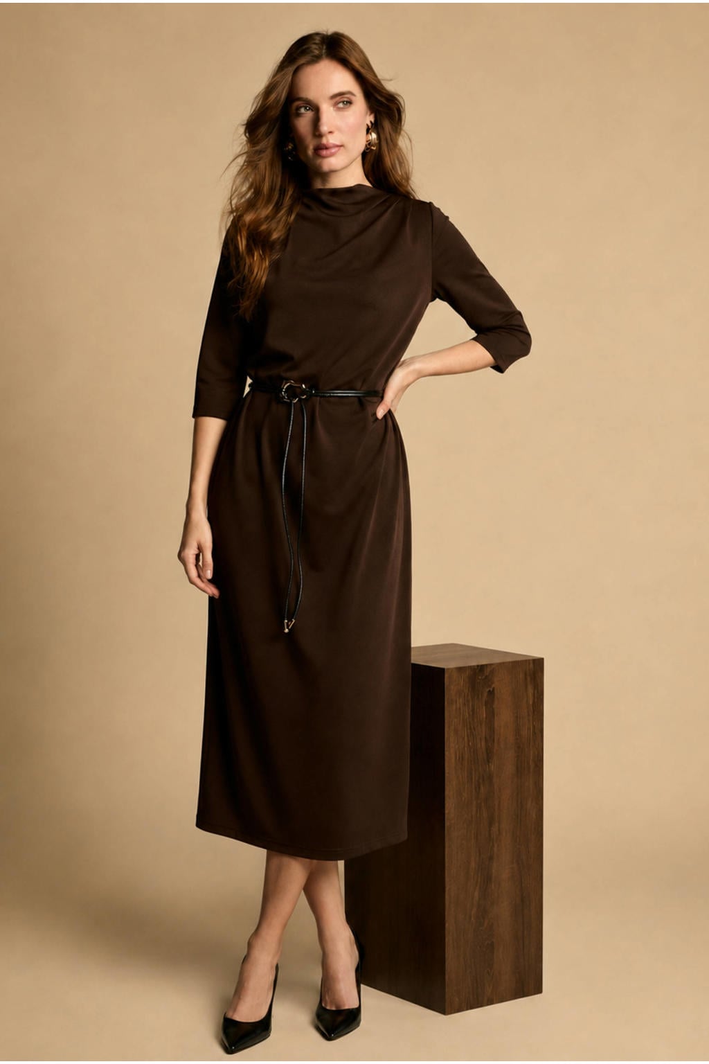 Freebird midi jurk met ceintuur - bruin