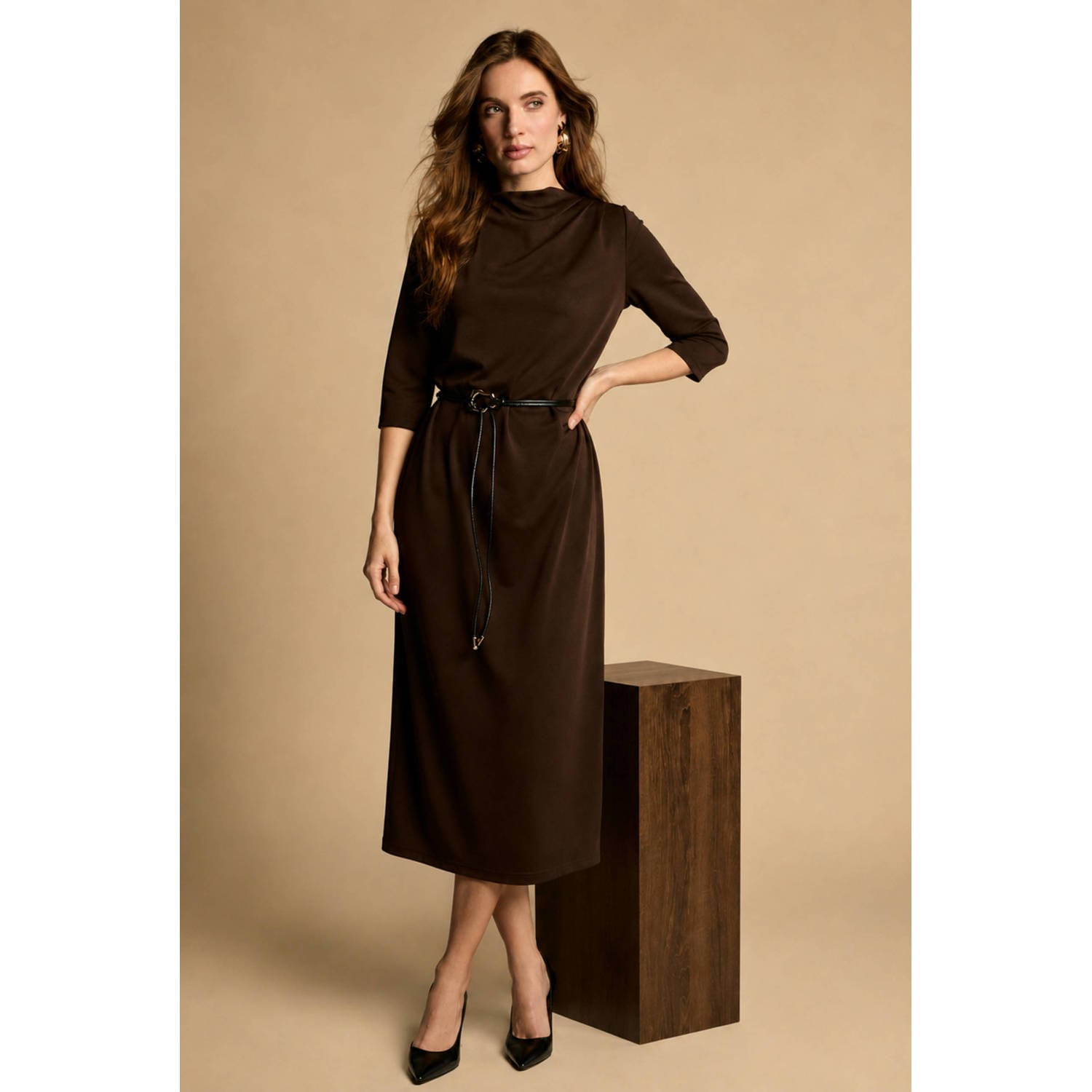 Freebird midi jurk met ceintuur bruin