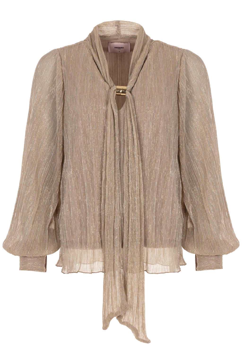 Gouden dames Freebird top van polyester met effen, lange mouwen en strikkraag